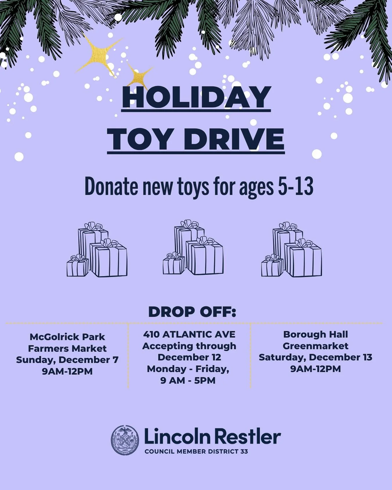 🎁 We&rsquo;re collecting gifts for children in need at the five highest need schools in our district! We&rsquo;re accepting new, unwrapped toys for ages 5&ndash;13 now through December 12!
