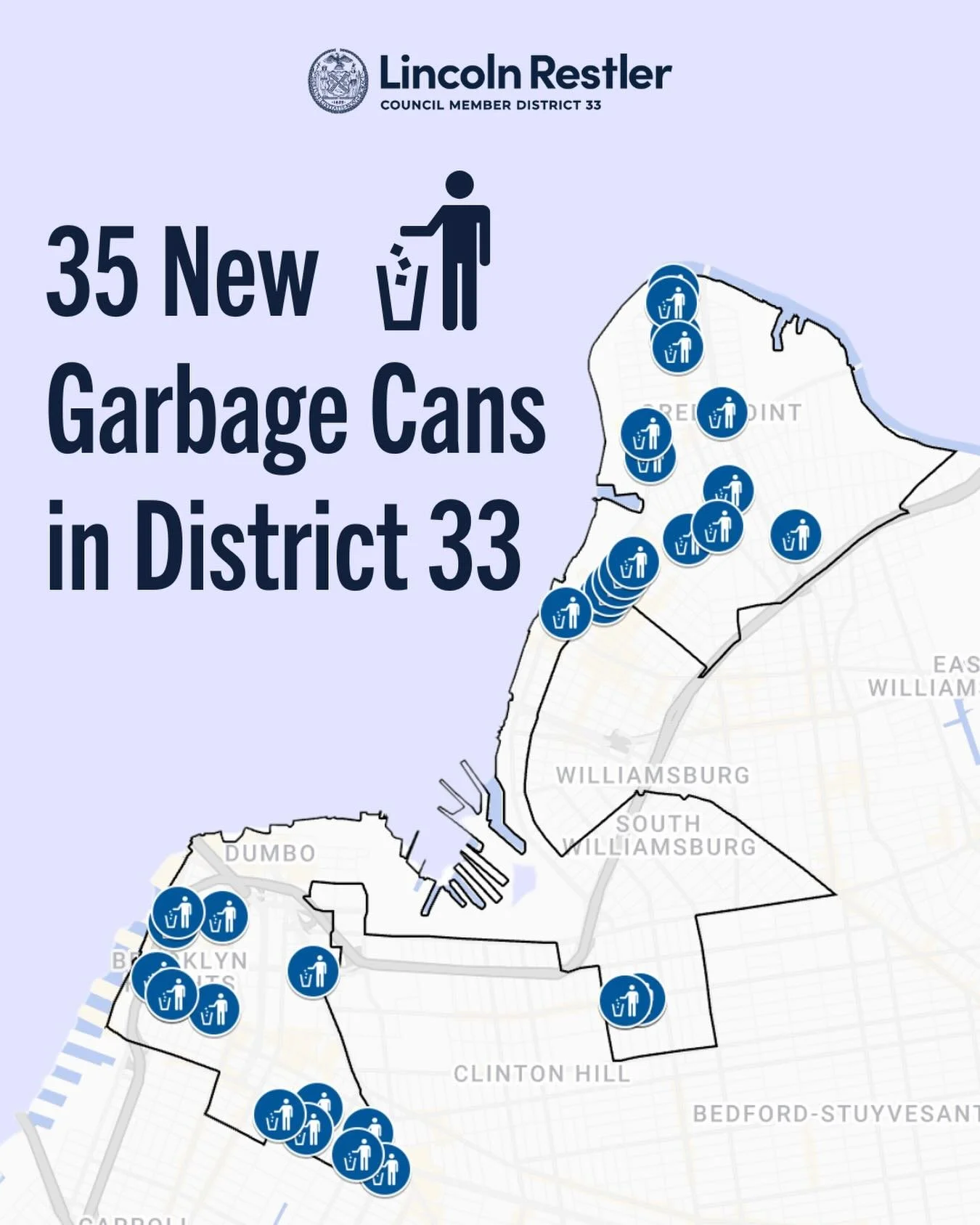 🗑️ Our office worked with @NYCSanitation to install 35 new garbage cans across District 33!&nbsp;

We allocated $40K in this year&rsquo;s budget to bring more rat-resistant bins to our sidewalks.