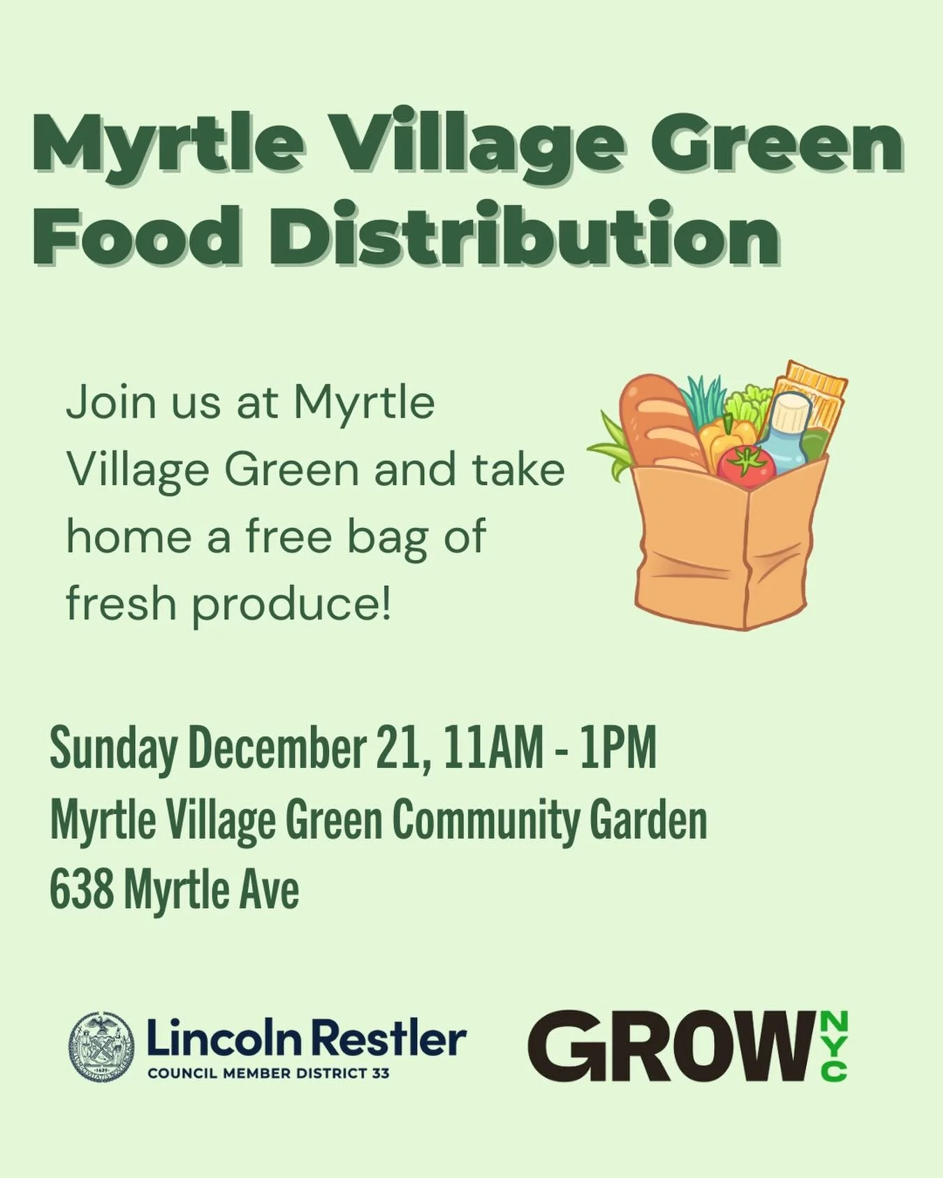 Our office is partnering with @grownyc to host a free food distribution at Myrtle Village Green community garden.

Stop by and pick up a free bag of fresh groceries!
📅 Sunday, December 21
⏰ 11am&ndash;1pm