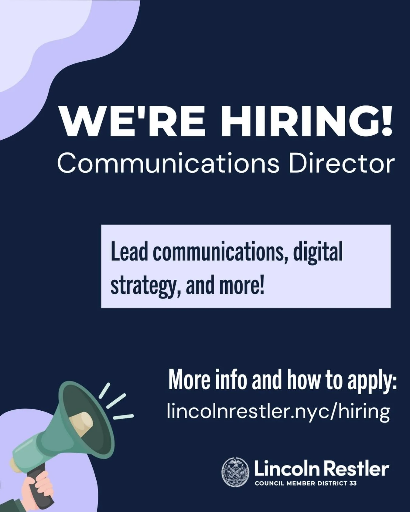 We&rsquo;re hiring!&nbsp;

Our office is looking for a Communications Director to lead messaging, press, and digital strategy. Get more info about the position and apply here: lincolnrestler.nyc/hiring