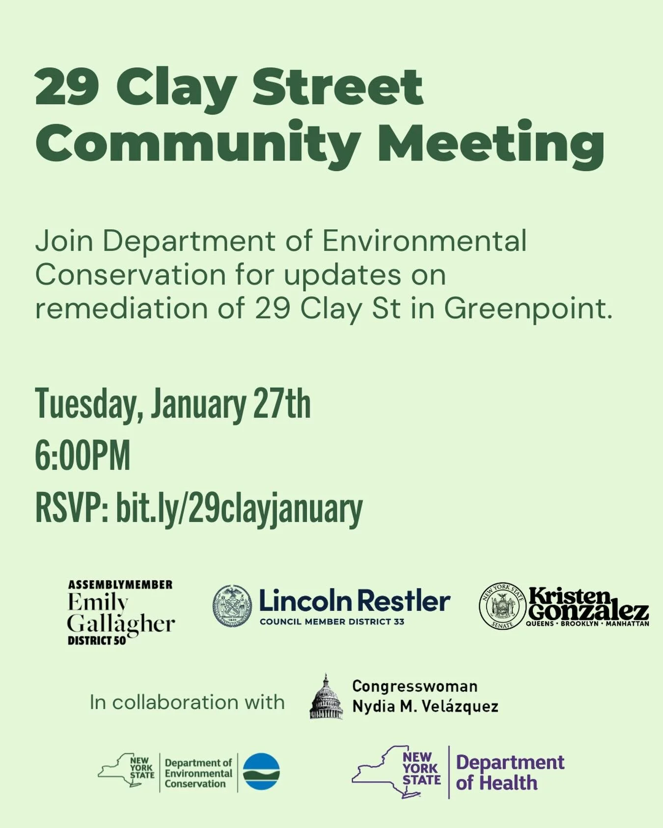 Join us on January 27 to hear from @nysdec &amp; the 29 Clay St developer about the remediation work underway to clean up the site. They are making progress on the clean up and are expecting to take down the tent around the end of January. RSVP link 