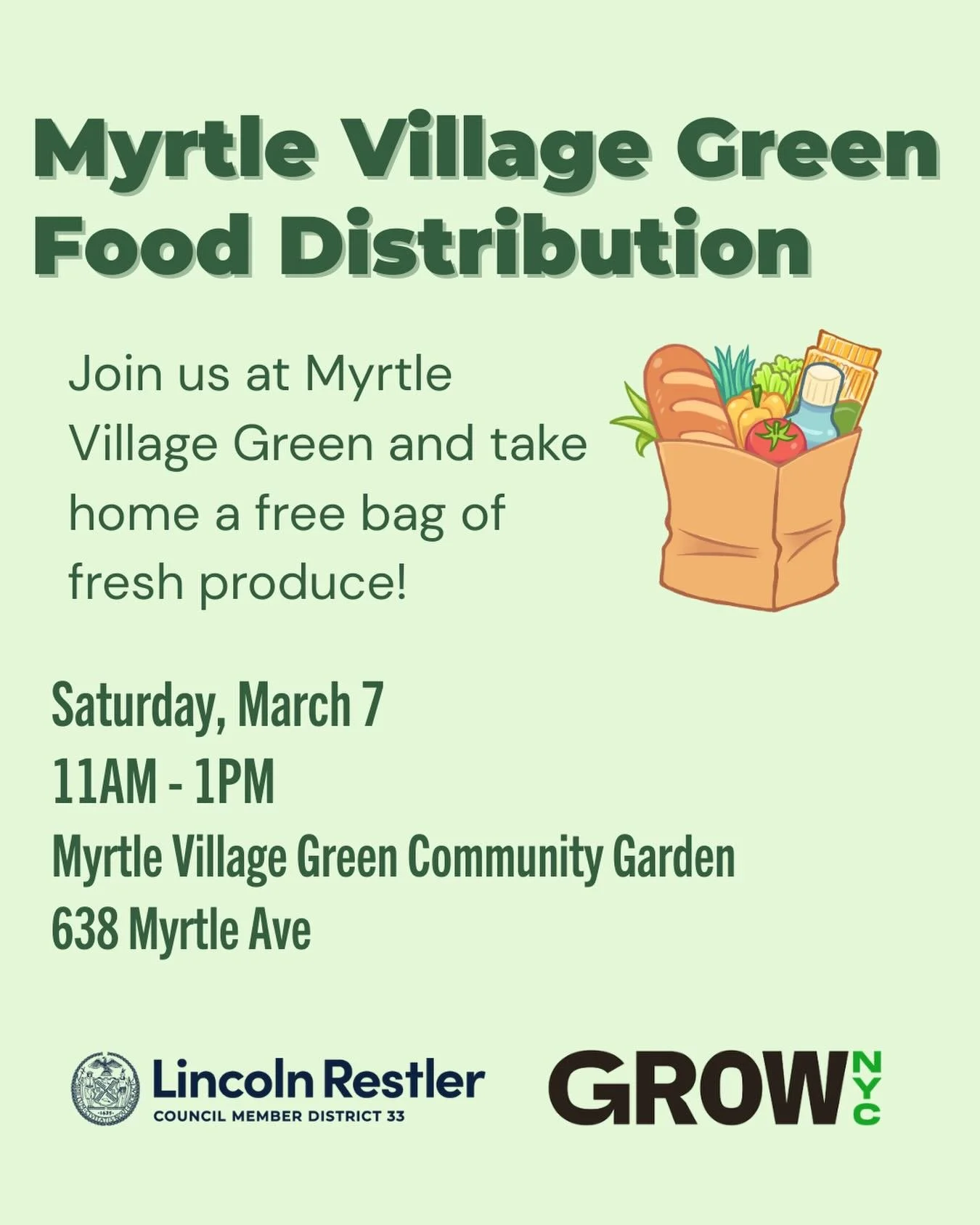 We&rsquo;re partnering with Myrtle Village Green Community Garden to host a free food distribution this Saturday, March 7 from 11am - 1pm. Stop by and pick up a free bag of fresh produce!