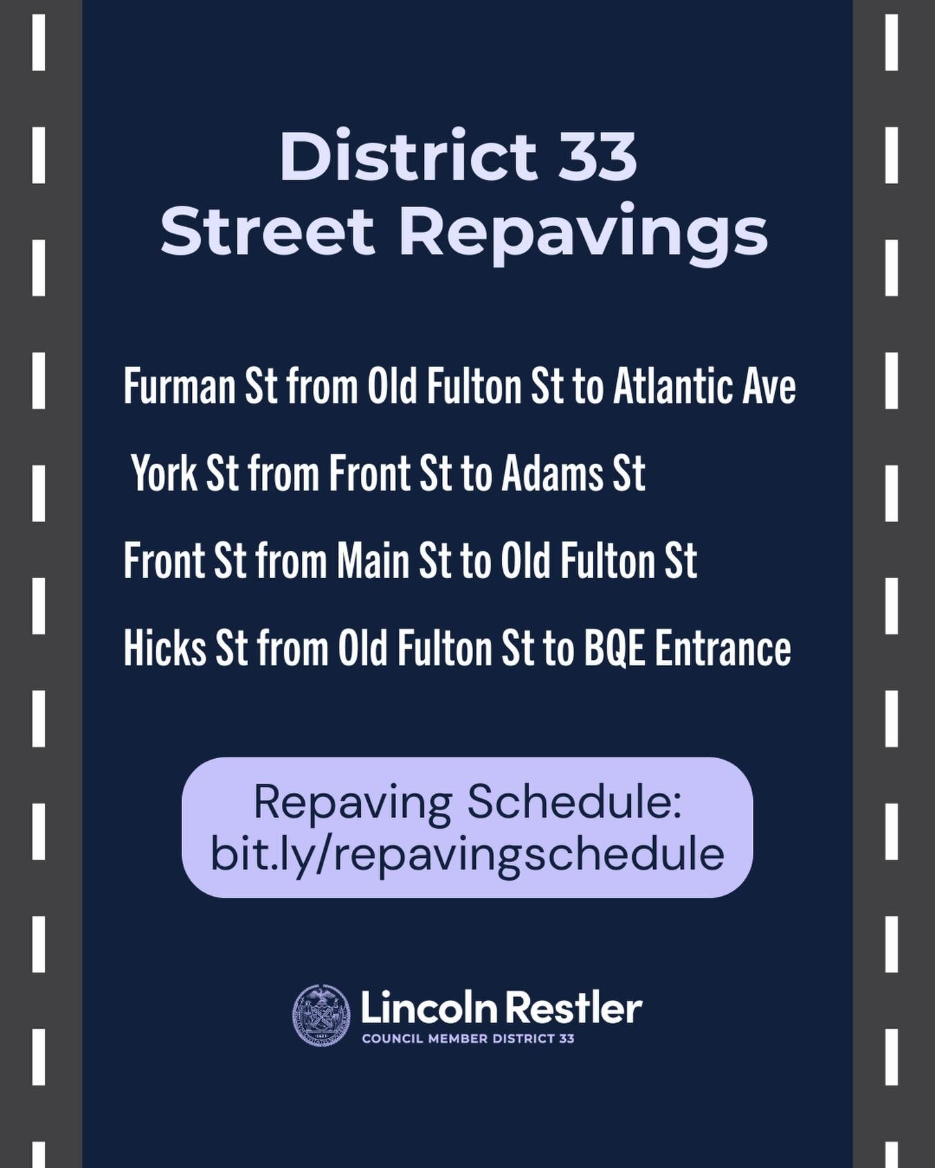 @nyc_dot is repaving streets in and around DUMBO this spring and summer! Get updates on the weekly paving schedule here for when you can expect work on your block: bit.ly/repavingschedule
