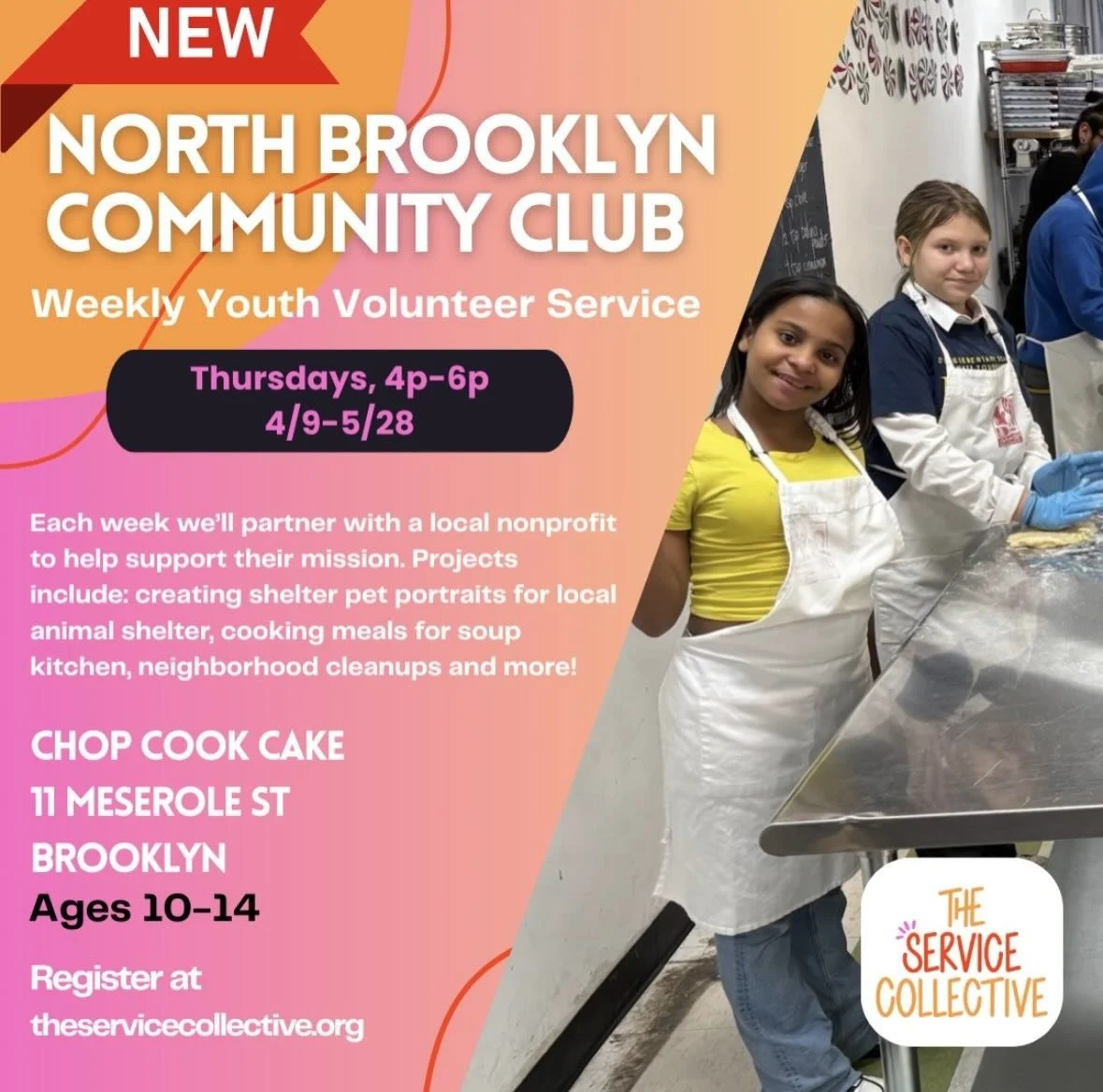 The Service Collective is bringing their weekly volunteer service program, Community Club, to North Brooklyn!&nbsp;

This weekly afterschool program is open to youth ages 10&ndash;14 who want to volunteer with local Brooklyn nonprofits.