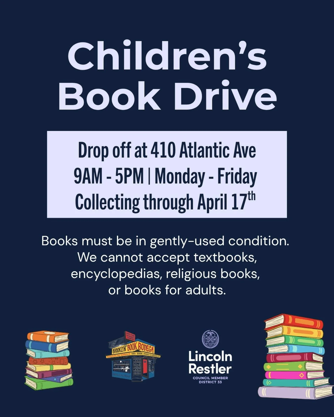 📚We&rsquo;re collecting children&rsquo;s books for @brooklynbookbodega!&nbsp;

Drop off books in good condition at our office (410 Atlantic Ave), Monday&ndash;Friday, 9AM&ndash;5PM.