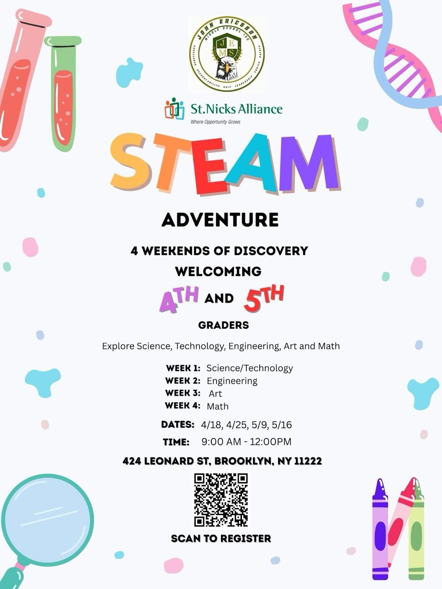 This Spring, JEMS 126 middle school in Greenpoint is hosting Science, Technology, Engineering, Art &amp; Math (STEAM) sessions of discovery on four Saturdays from 4/18 through 5/16 for 4th and 5th grade students. 

Scan the QR code here to register!