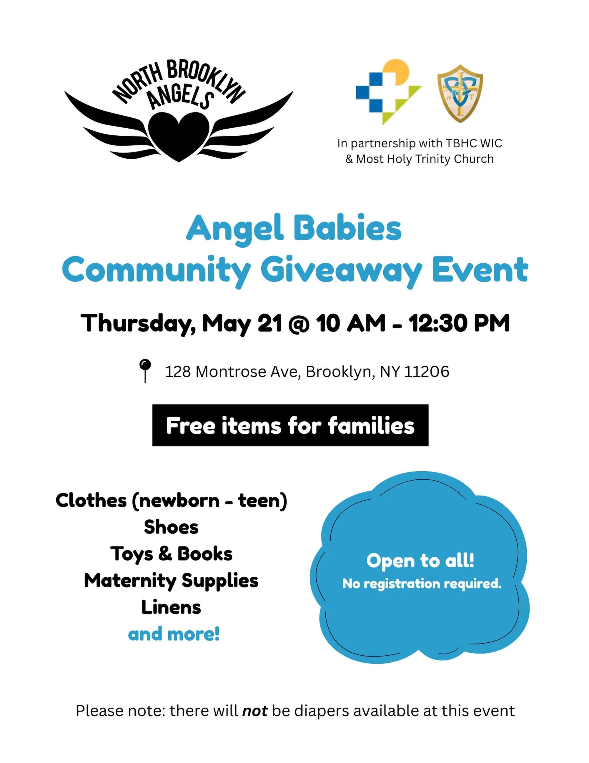 Are you in need of baby and kids&rsquo; clothes, shoes, toys &amp; books, maternity supplies, or linens? North Brooklyn Angels is holding a giveaway event open to all on Thursday, May 21 from 10am-12:30pm at 128 Montrose Ave in Williamsburg.

If you&
