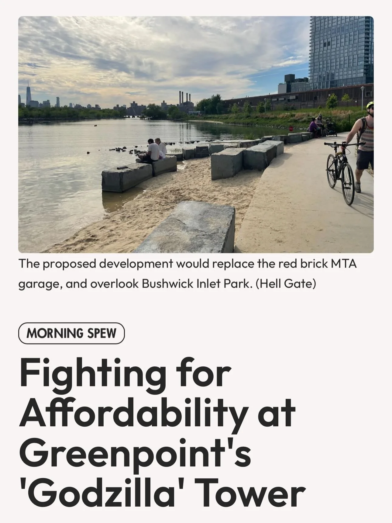 Any proposal for development on this publicly-owned land must guarantee most of the homes are affordable, and include full funding and a timeline to complete Bushwick Inlet Park. As I told @hellgateny, public land should only be redeveloped for the p