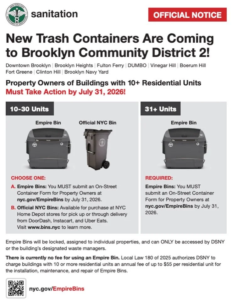 .@nycsanitation Empire Bin trash containerization pilot is starting this summer in Brooklyn Community District 2! Property owners of residential buildings with 30+ units must submit an on-street container form and it is optional for 10-30 unit buildi
