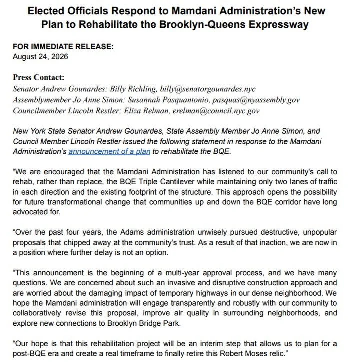 .@joannesimonforbrooklyn, @agounardes, and I are encouraged that the Mamdani Administration has listened to our community&rsquo;s call to rehab, rather than replace, the BQE Triple Cantilever. But this announcement is the beginning of a multi-year ap