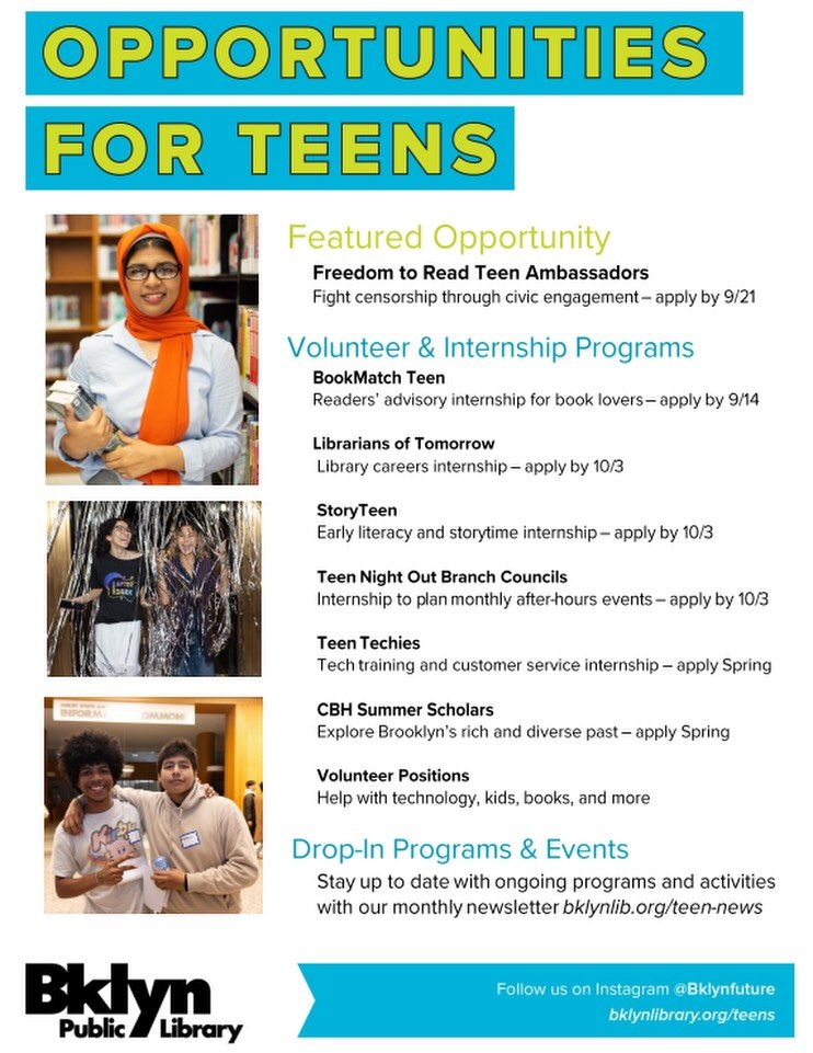 The Brooklyn Public Library is accepting applications for its 2026-27 Teen Internship program! There are opportunities in books, tech, early literacy, civic engagement, and community building. Check out the details and apply here: bklynlibrary.org/le