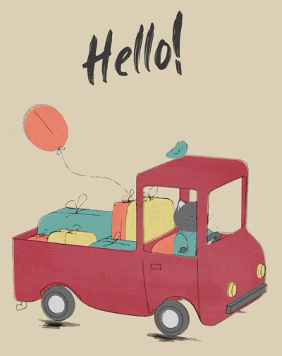 A red toy truck with a small blue bird and a black cat inside, a pink balloon attached to the truck, and the word 'Hello!' written above.