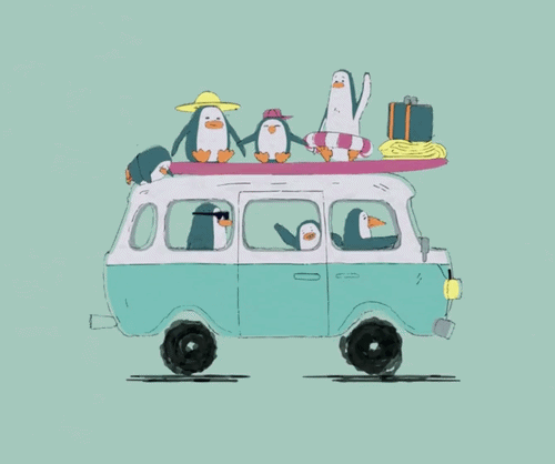 Cartoon illustration of penguins on a teal and white van, with some penguins on the roof, wearing hats and accessories, and a suitcase in the background.