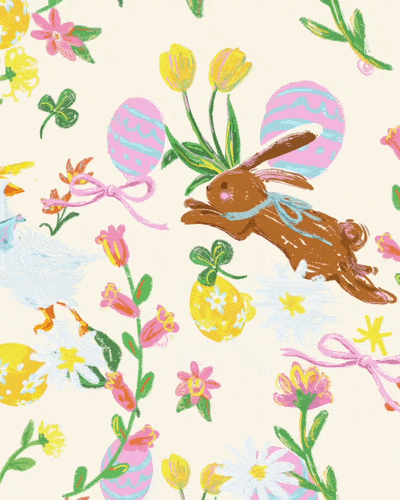 Easter-themed illustration with a brown rabbit, decorated eggs, pink and yellow flowers, green leaves, and pink ribbons on a light background.