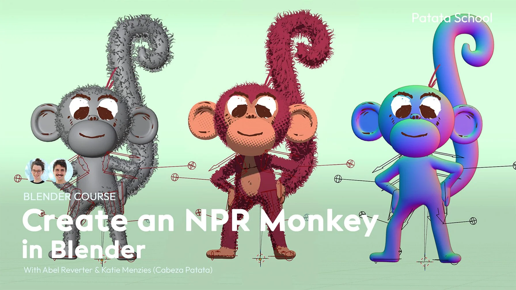 From a cube to a rigged, NPR rendered monkey, this course will guide you through modelling, rigging, texture painting, Grease Pencil, Halftone Dots, hair simulation, and more! You'll learn the tools to create this character and the knowledge to creat