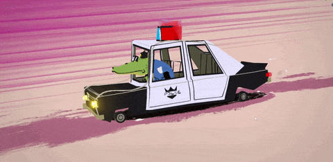 Cartoon police car with a green alligator and a blue crocodile inside
