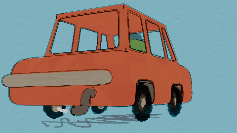 A cartoon illustration of an orange toy car with four black wheels and a gray front bumper, set against a blue background.