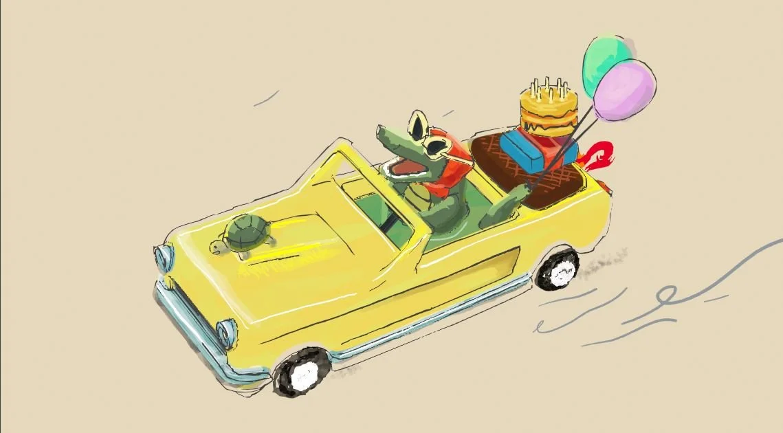 Cartoon illustrations of a crocodile driving a yellow car, with a turtle on the hood. The back of the car has balloons, a birthday cake, and presents, suggesting a celebration or party.