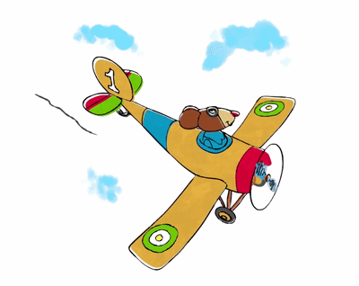 Cartoon dog flying a small airplane while holding a trophy with the number one on it, with blue sky and clouds in the background.