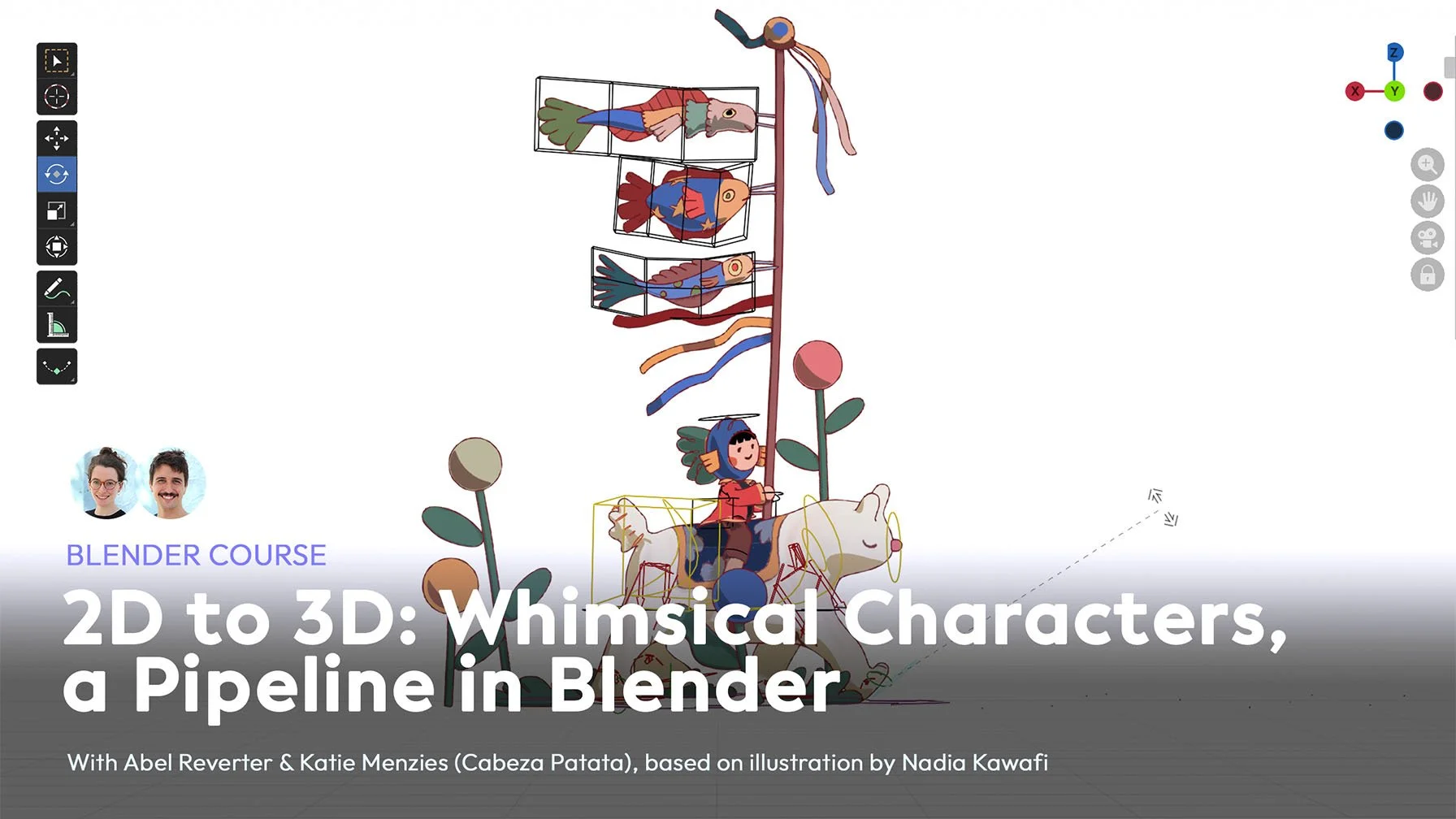 Create this whimsical character scene and see it come alive in 3D: fully rigged, textured and with realistic lighting. As well as covering the modelling, Grease Pencil and Texture Painting, bonus details to make waving flags attached the pole, and ri