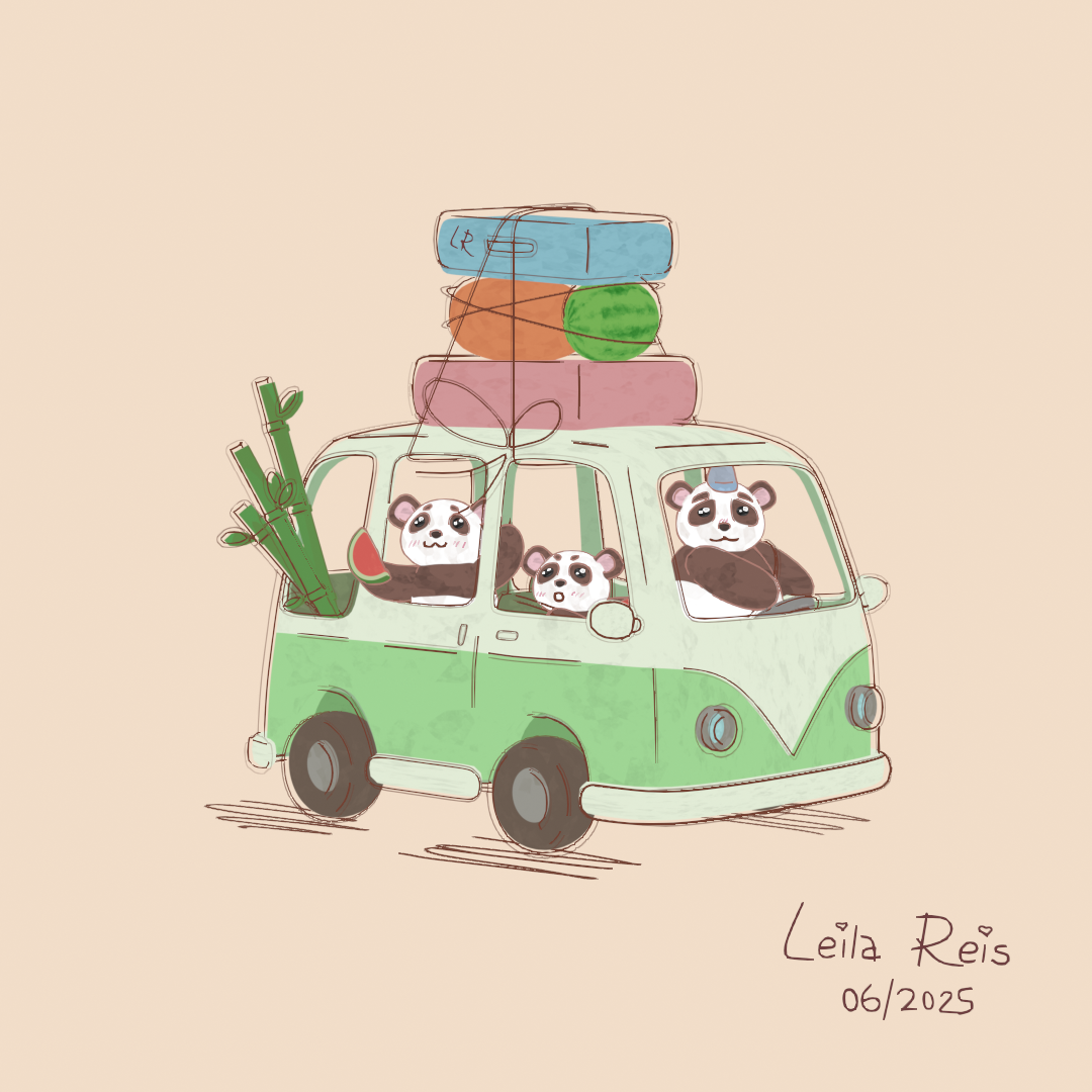 Drawing of a green and white vintage van with three pandas inside, carrying luggage on top and bamboo on the side, against a beige background. Signed by Leila Reis, June 2025.