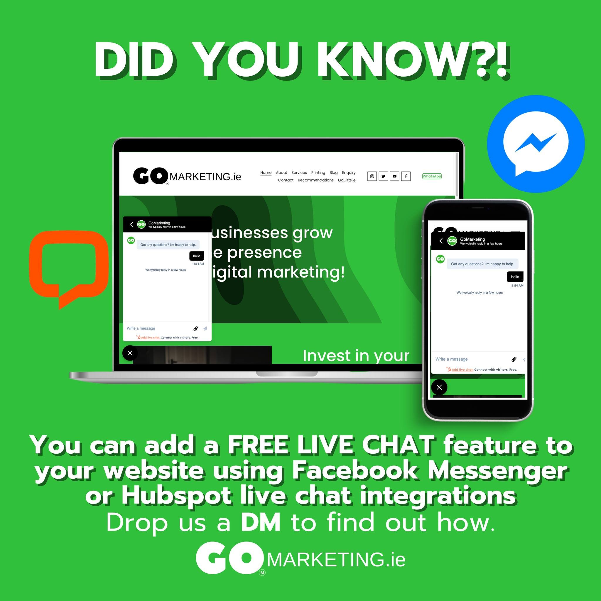 ❔❔DID YOU KNOW❔❔
You can add a FREE LIVE CHAT feature to your website using Facebook Messenger or Hubspot live chat integrations.

Adding a live chat feature to your website can offer numerous benefits:

1️⃣Improved Customer Service
2️⃣Increased Sale
