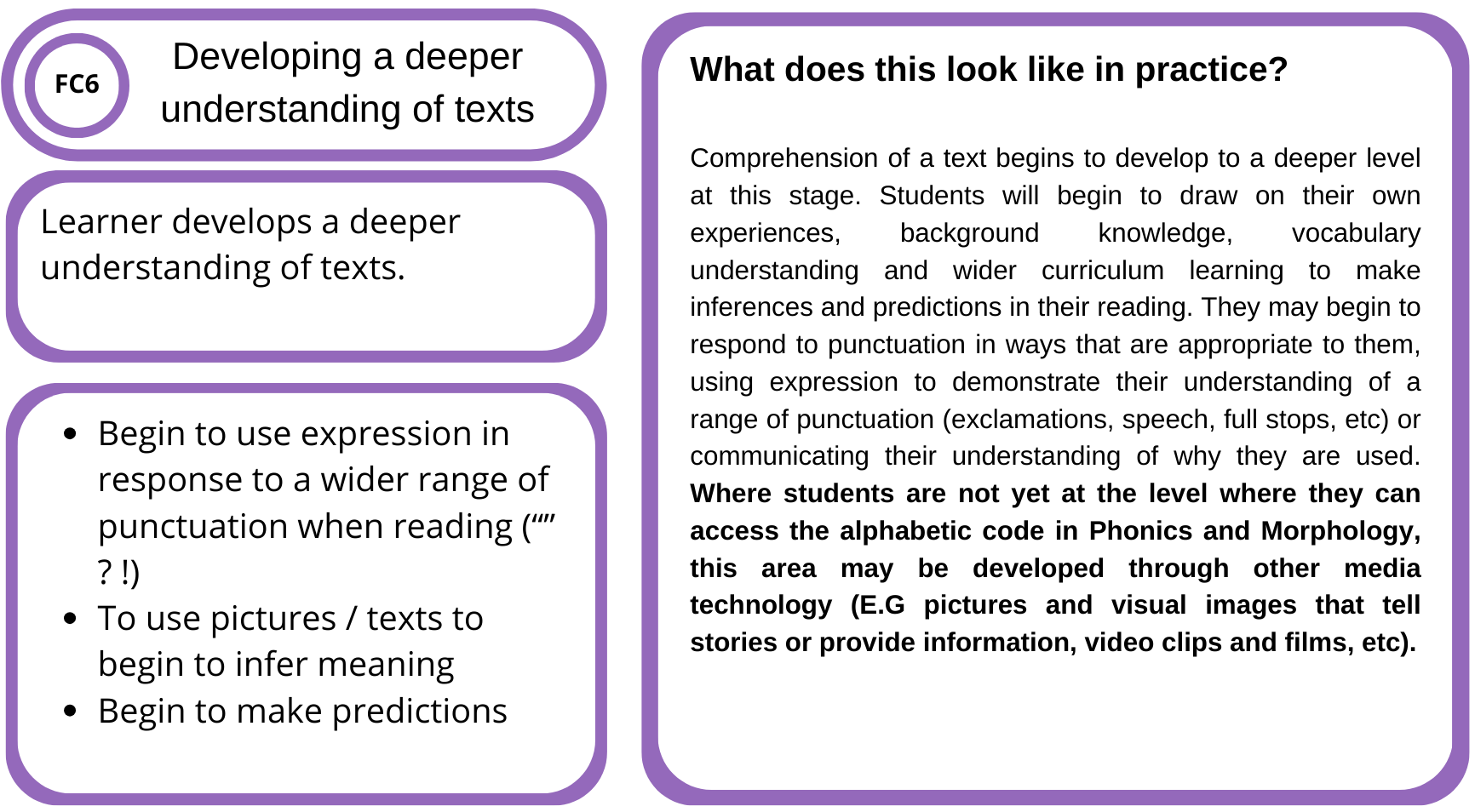 Educational infographic titled "Developing a deeper understanding of texts." It features text boxes with information about developing comprehension skills, including using expression, inferring meaning, and responding to punctuation. The right side explains practicing understanding through drawing on experiences, background knowledge, and media technology; with emphasis on accessing alphabetic code in phonics and morphology.