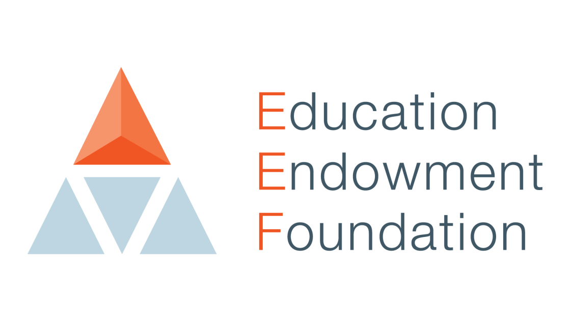 Logo with three light blue triangles and one orange triangle arranged above the words 'Education Endowment Foundation' with the first letters E in orange for each word.