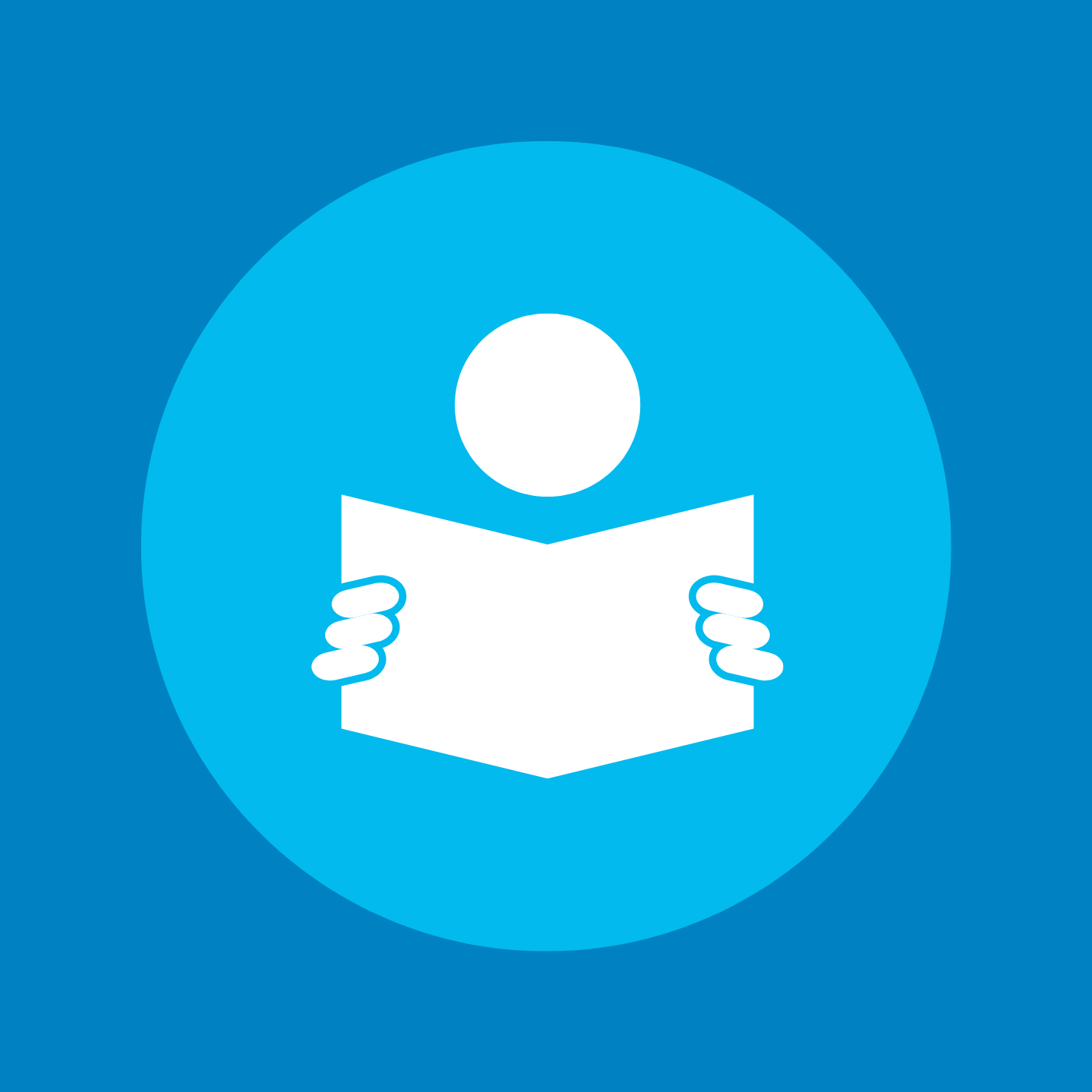 Icon of a person reading a book, with a circular background.