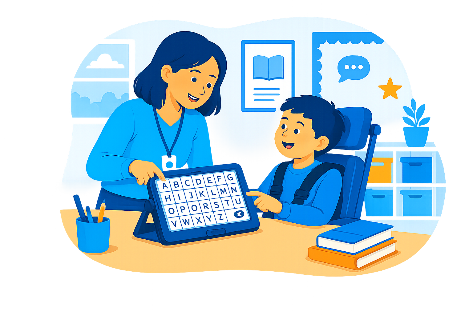 teacher and aac user graphic