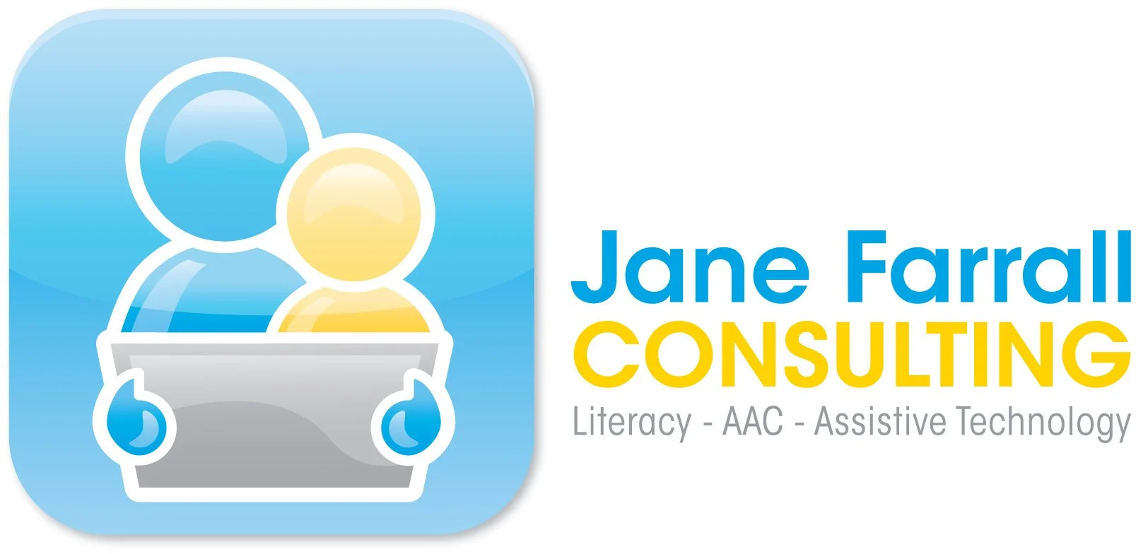 Logo for Jane Farrall Consulting featuring stylized icons of a person and a child, with the text 'Jane Farrall Consulting' and the tagline 'Literacy - AAC - Assistive Technology'.