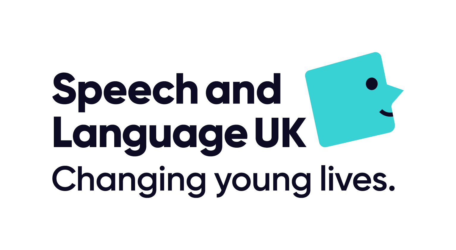 Logo for Speech and Language UK featuring a smiling blue square face with a speech bubble shape.
