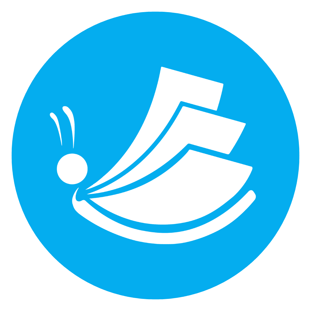 A blue circle with a white icon of a diver jumping into water, with three water splash lines