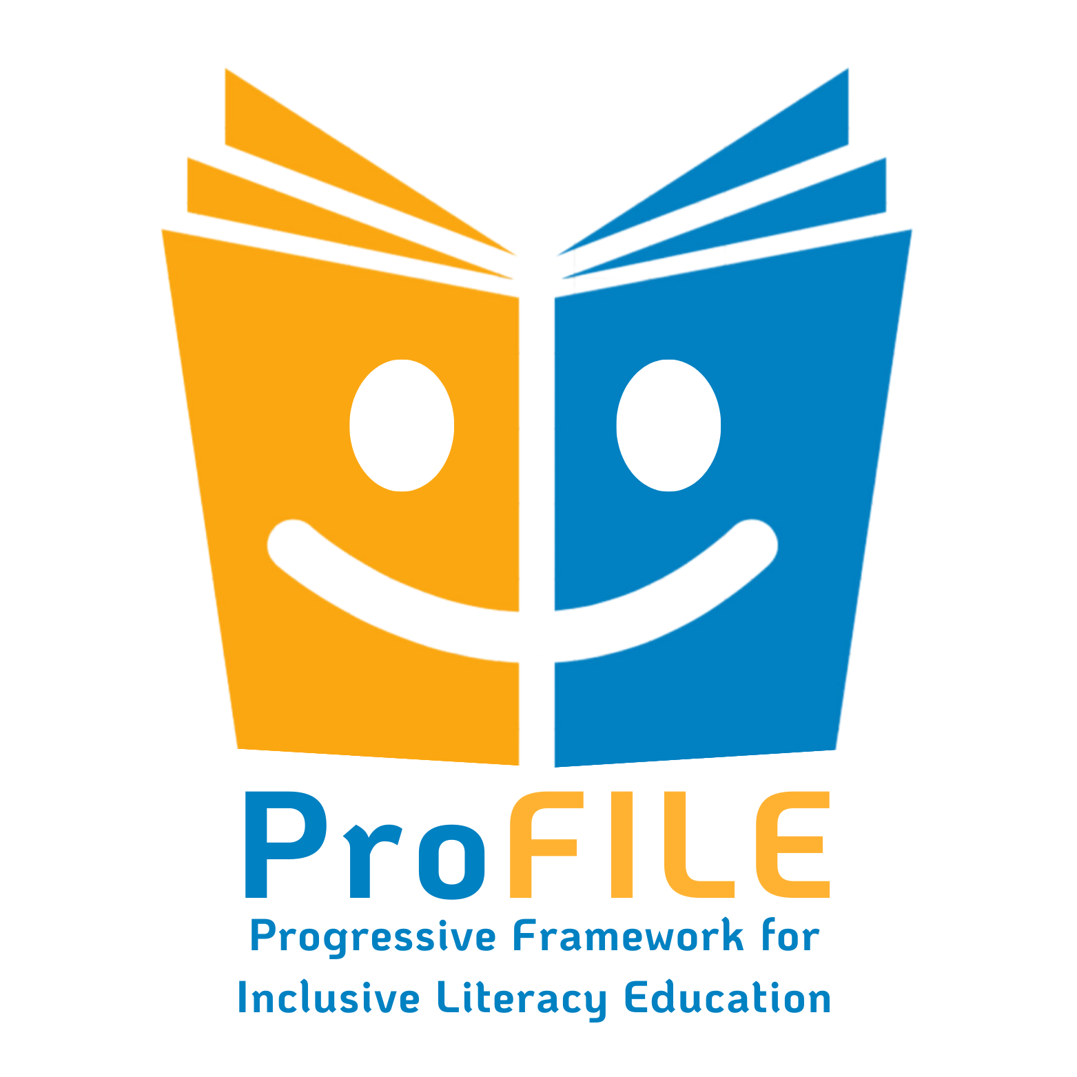 Logo of ProFILE, featuring an open book with a smiling face, half in orange and half in blue, accompanied by the text 'ProFILE' and the tagline 'Progressive Framework for Inclusive Literacy Education'.