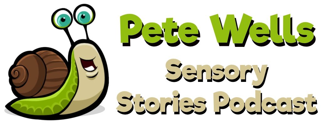 Logo for Pete Wells Sensory Stories Podcast featuring a cartoon snail with big eyes and a smile, with bold green and beige text.