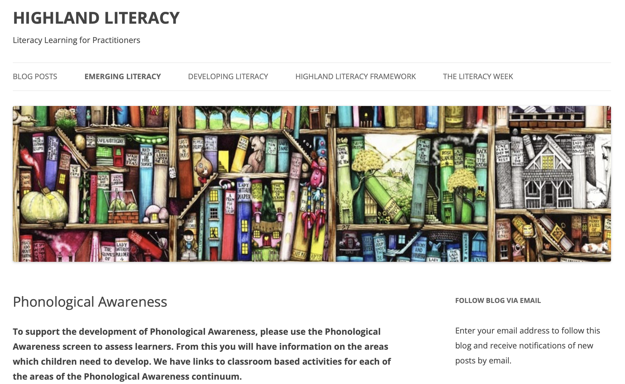 Colorful illustration of a bookshelf filled with books, toys, and decorative objects.