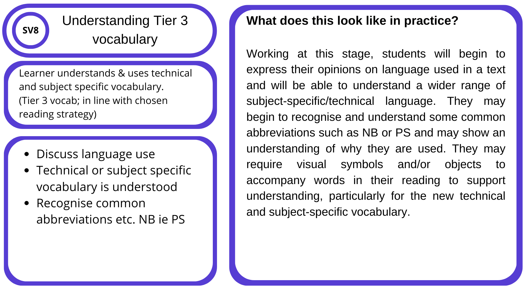 Educational infographic with the title 'Understanding Tier 3 vocabulary' and the subtitle 'What does this look like in practice?'. The infographic explains how students work with technical and subject-specific vocabulary, recognize abbreviations like NB or PS, and understand visual symbols and objects to support reading comprehension.