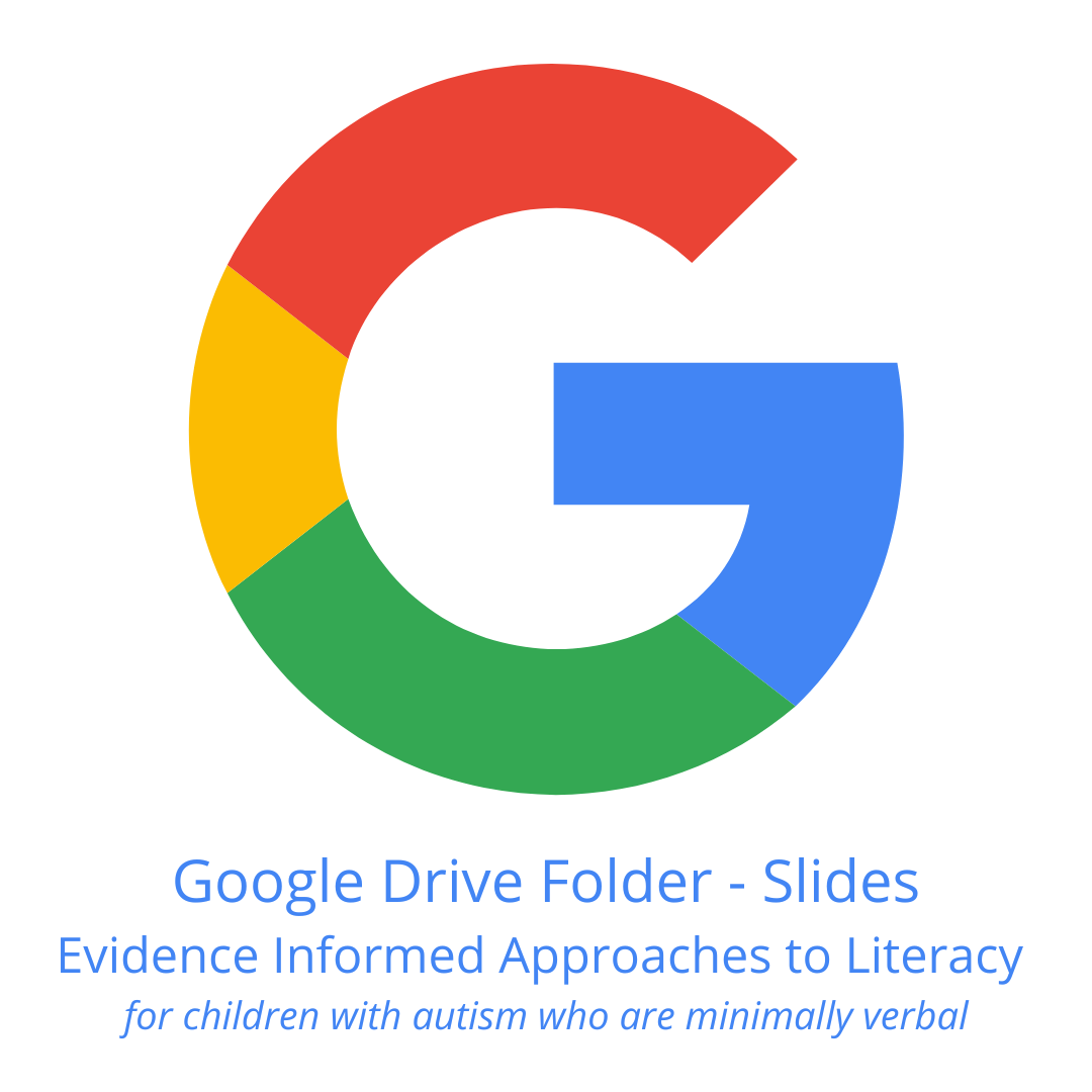 Google Drive folder icon cover image with the Google logo and text about literacy for children with autism who are minimally verbal.