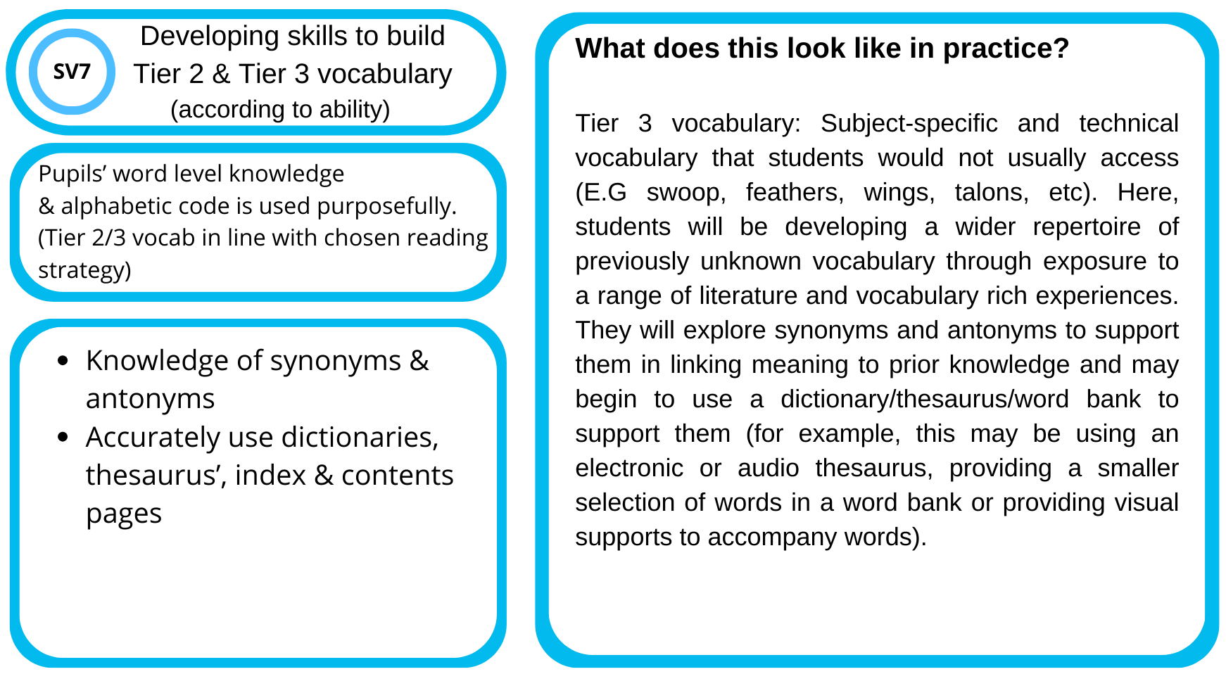 Educational slide about developing vocabulary skills through exposure to literature and vocabulary-rich experiences, and using dictionaries or thesauruses, with bullet points about synonym and antonym knowledge, and dictionary usage.
