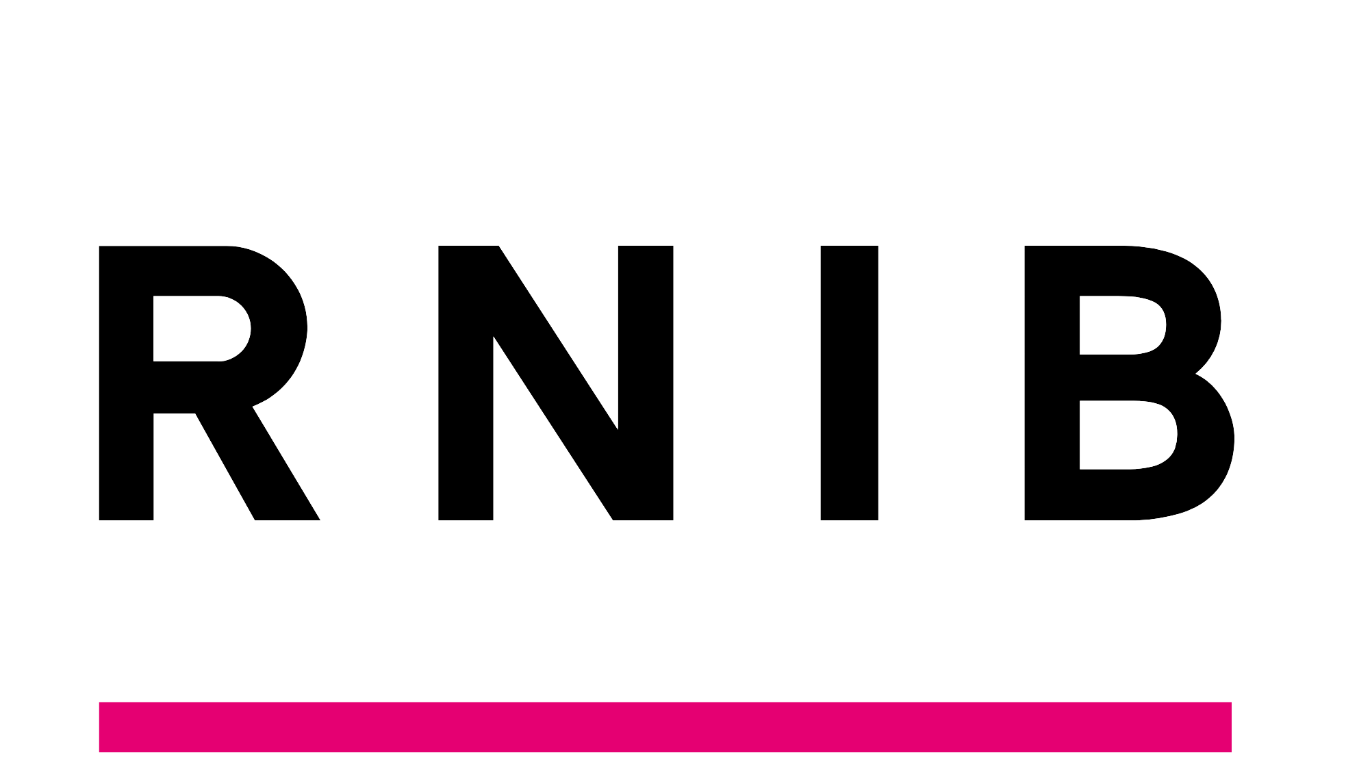 Bold black text spelling 'RNIB' on a white background with a pink underline.