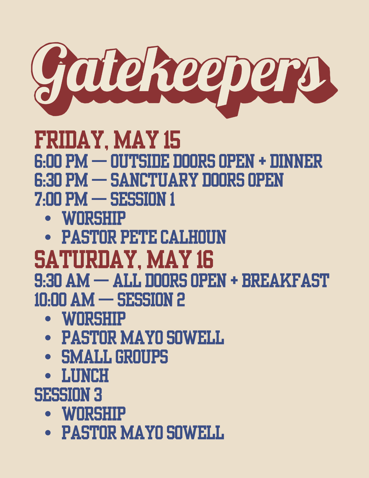 Gatekeepers Itinerary — Westgate Church