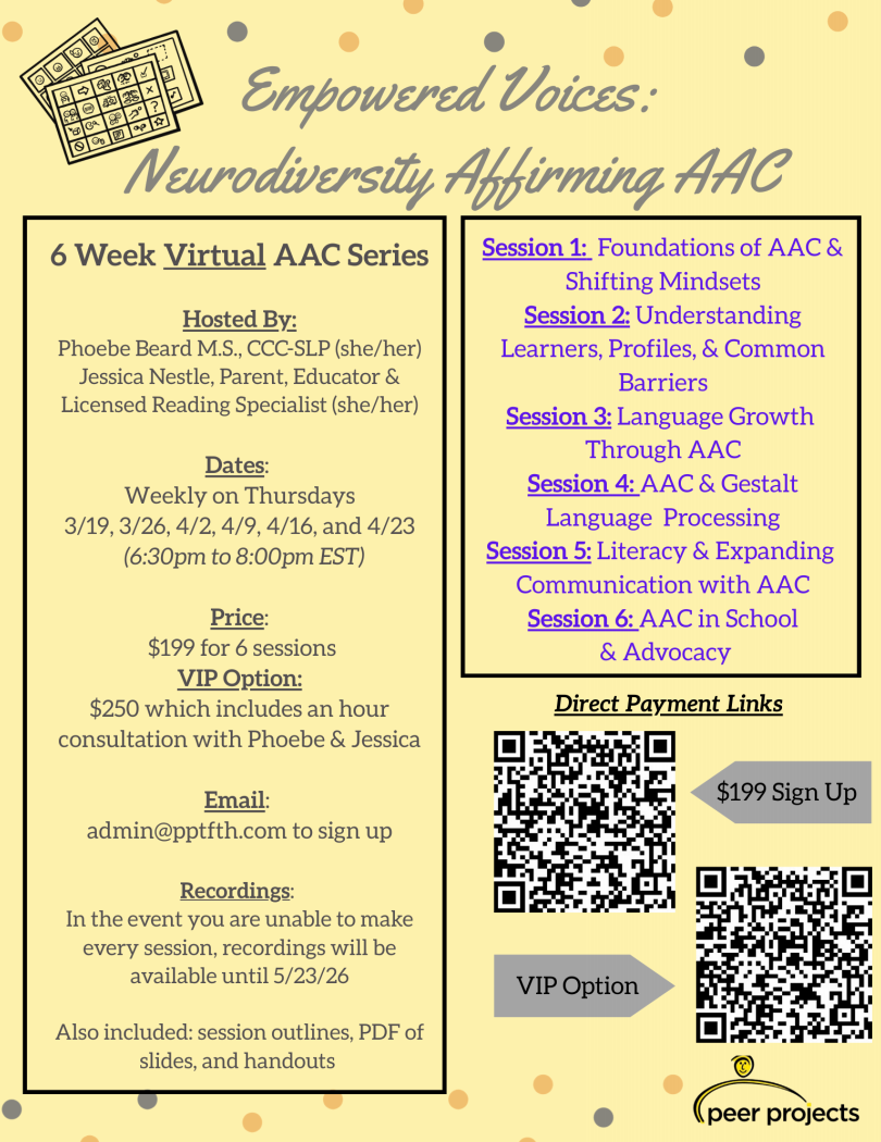 This image is a flyer for a virtual educational series focused on augmentative and alternative communication (AAC). The background is a soft yellow with scattered polka dots in muted tones.