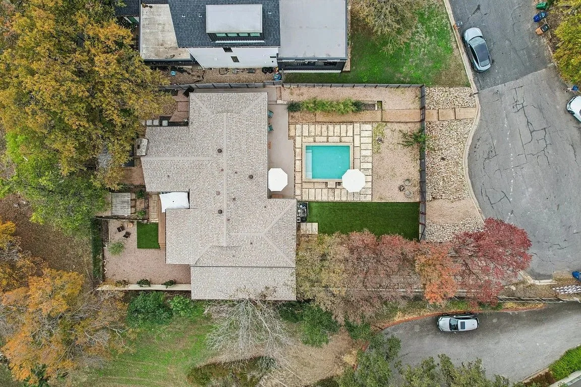 Overhead view of front yard pool in Austin TX
