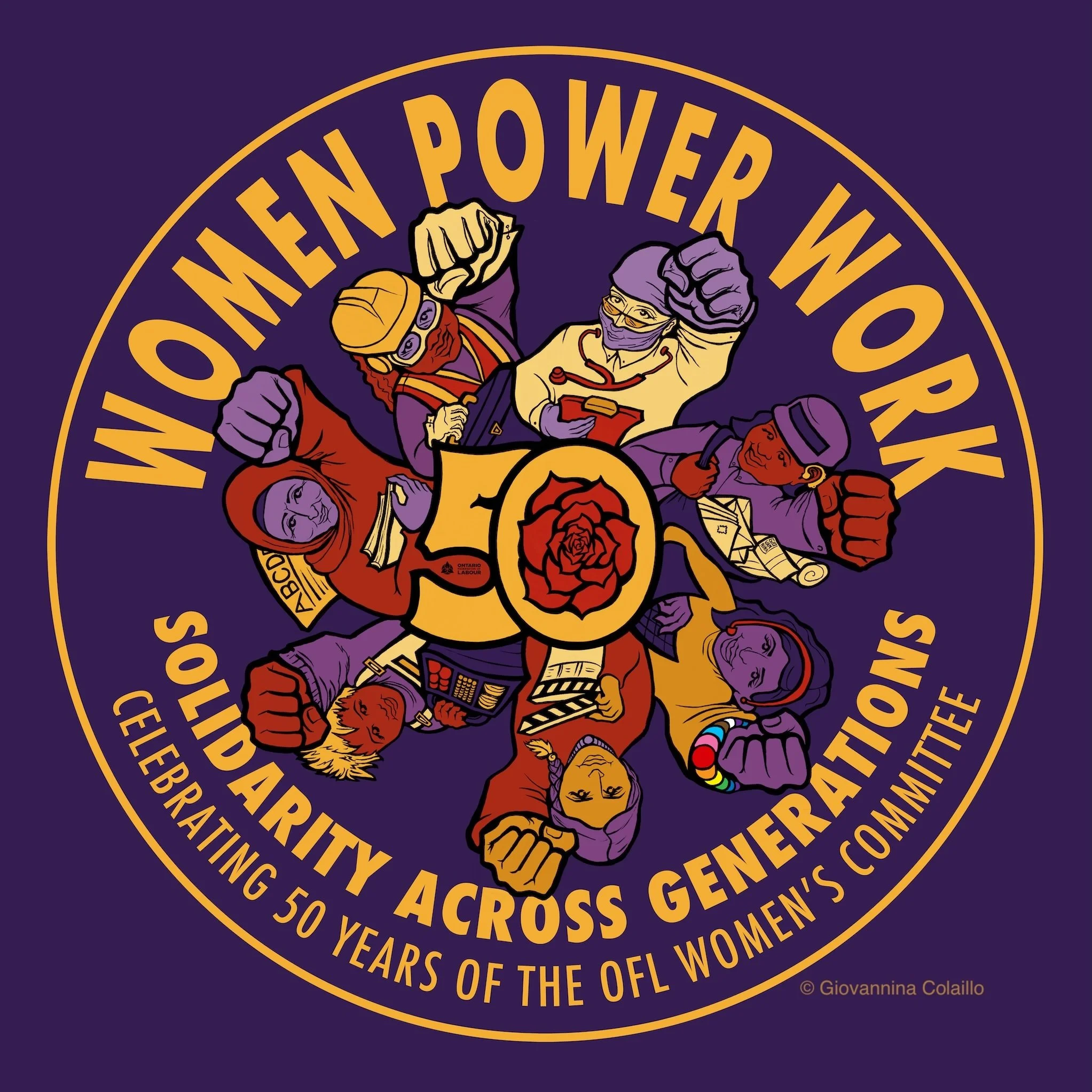 WOMEN POWER WORK, International Women's Day, campaign poster for the Ontario Federation of Labour project.