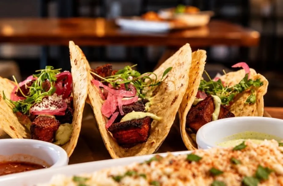 Pork Belly Tacos with Elote Corn and salsa