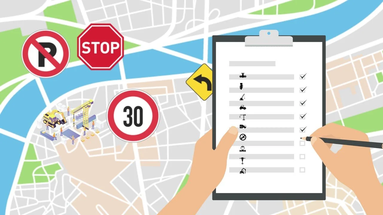 Illustratie van een kaart met verkeersborden en een persoon die een checklist invult.