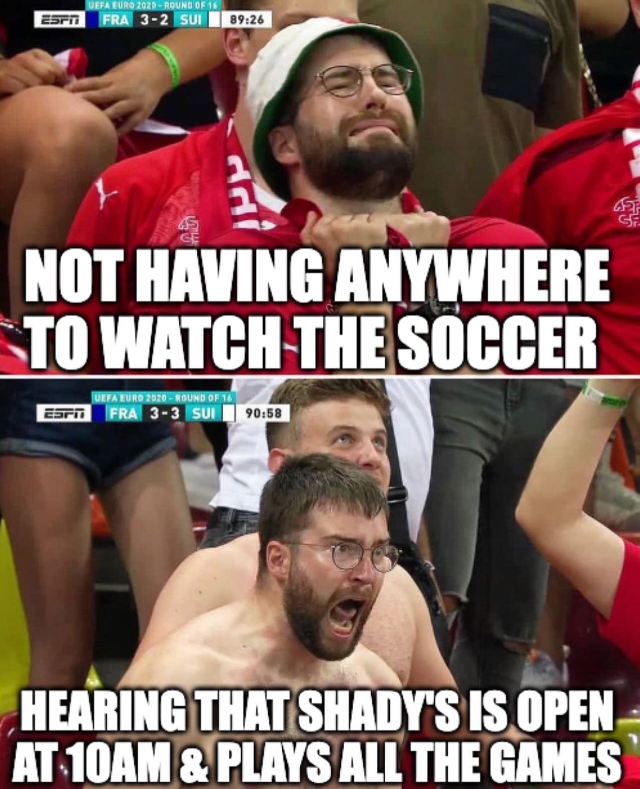 CALLING ALL FOOTBALL (SOCCER) FANS! ⚽️

Shady&rsquo;s is your new home for watching the big game! We are big fans of Footy over here!

We are open every weekend from 10am for all the games! Come get a pint of Guinness, a coffee, a mimosa and take in 