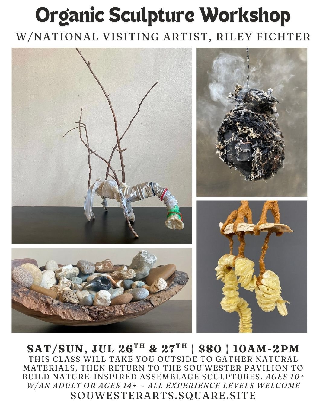 Organic Sculpture Workshop!
📅 Sat &amp; Sun, July 26&ndash;27 | 10am&ndash;2pm | $80

Join us for a special weekend workshop with national visiting artist Riley Fichter! Explore organic form, playful materials, and intuitive process in this two-day 