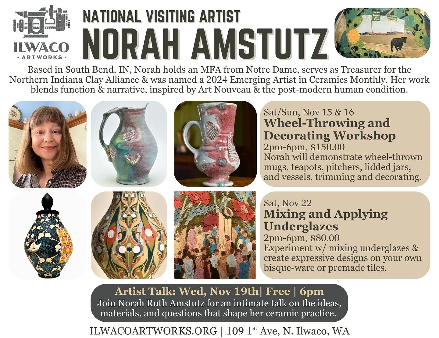 New Date Alert
Join us for an intimate artist talk with national visiting artist Norah Ruth Amstutz on Wednesday, November 19 at 6pm. Free and open to all. Hear Norah share the ideas, inspirations, and questions that guide her ceramic practice.

Nora
