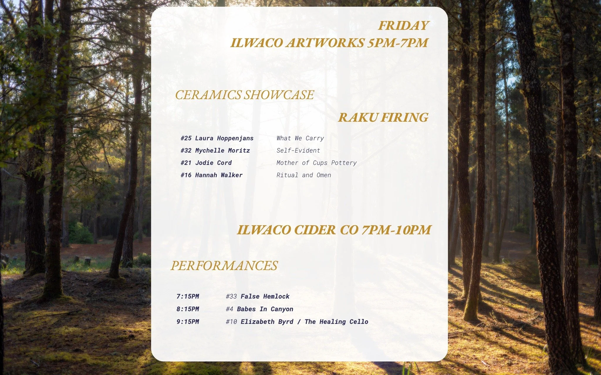 JOIN US AT ILWACO ARTWORKS AND @ilwacocidercompany TONIGHT!
FREE AND OPEN TO ALL!

-RAKU FIRE &amp; CERAMICS SHOWCASE
5-7PM AT ILWACO ARTWORKS

-LIVE MUSIC
7-10PM AT ILWACO CIDER CO

Invite your community to the beach for a weekend of immersive perfo